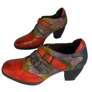 Mary Jane Leather  Multicolor Heels Double Buckle Chunky Block Heel Size 9.5